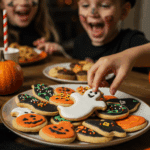 A large platter of homemade, spooky, and colorful Halloween Sugar Cookies being served at a fun and casual Halloween party.