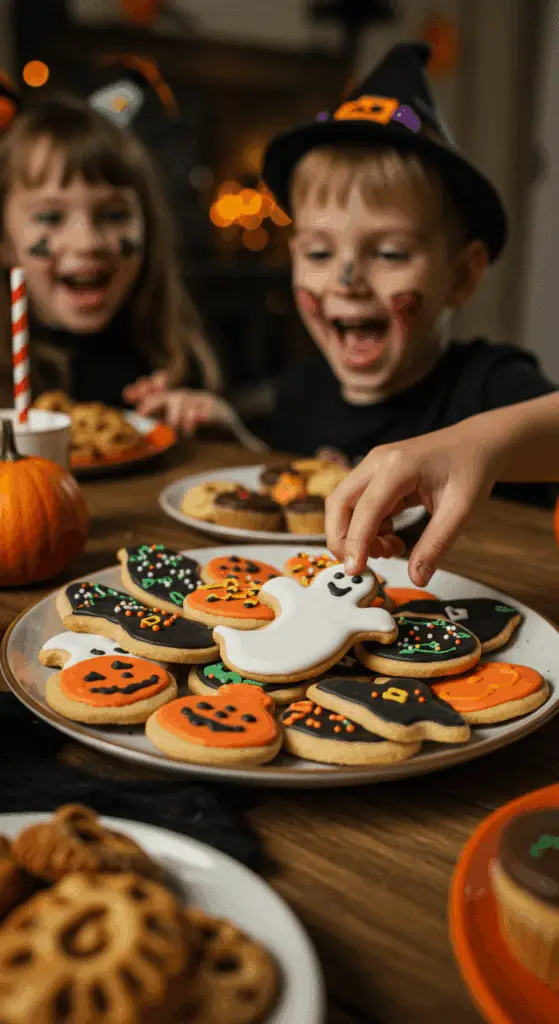 A large platter of homemade, spooky, and colorful Halloween Sugar Cookies being served at a fun and casual Halloween party.