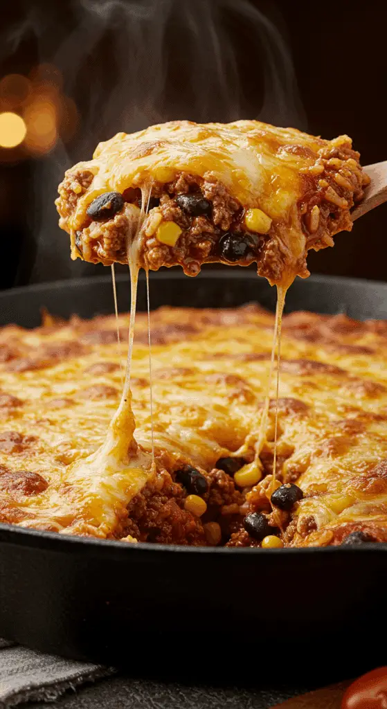 A beautiful, golden-brown homemade One-Pot Hamburger and Rice Casserole in a skillet with a cheesy, colorful, and hearty scoop being lifted out.
