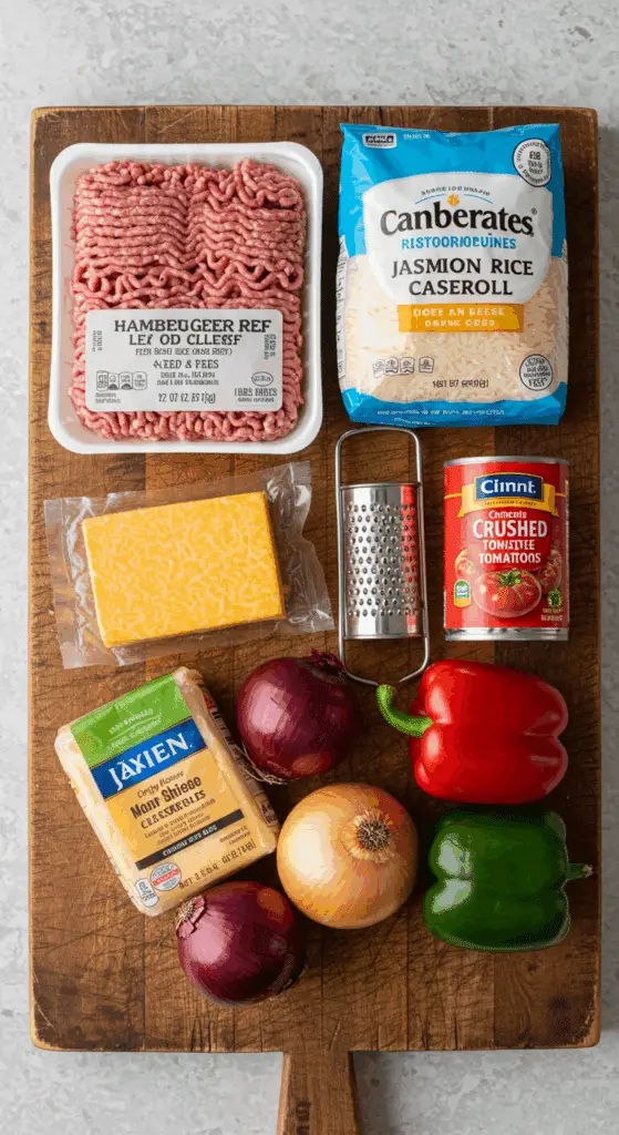 The simple, from-scratch ingredients for the easy and cheesy One-Pot Hamburger and Rice Casserole.