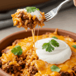 A beautiful serving of homemade, cheesy Hamburger and Rice Casserole topped with sour cream, being served for a family dinner.