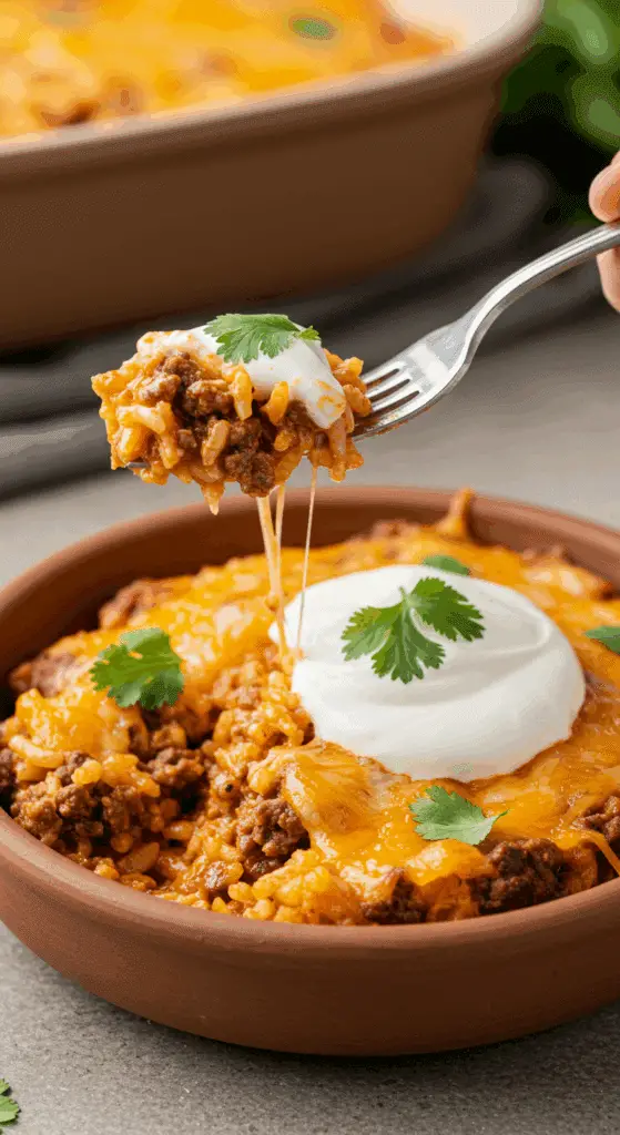 A beautiful serving of homemade, cheesy Hamburger and Rice Casserole topped with sour cream, being served for a family dinner.