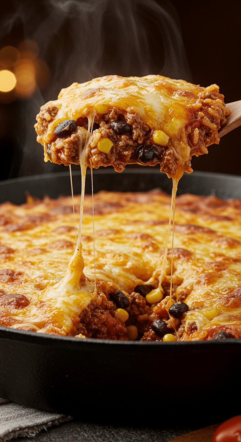 A beautiful, golden-brown homemade One-Pot Hamburger and Rice Casserole in a skillet with a cheesy, colorful, and hearty scoop being lifted out.