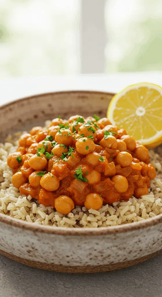 A beautiful, rustic bowl of homemade, healthy Lemony Chickpea stew, served over a bed of fluffy brown rice.