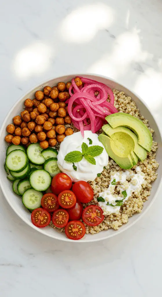 A beautiful, overhead shot of a homemade, healthy, and composed Mediterranean Quinoa Bowl, with all the ingredients arranged in neat, colorful rows.