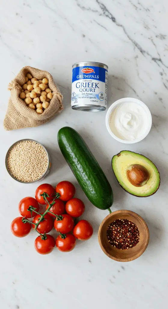 The simple, fresh ingredients for the healthy, from-scratch Mediterranean Quinoa Bowl recipe.