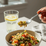A beautiful bowl of homemade, healthy Mediterranean Quinoa Bowl being enjoyed with a fork for a vibrant and healthy lunch.