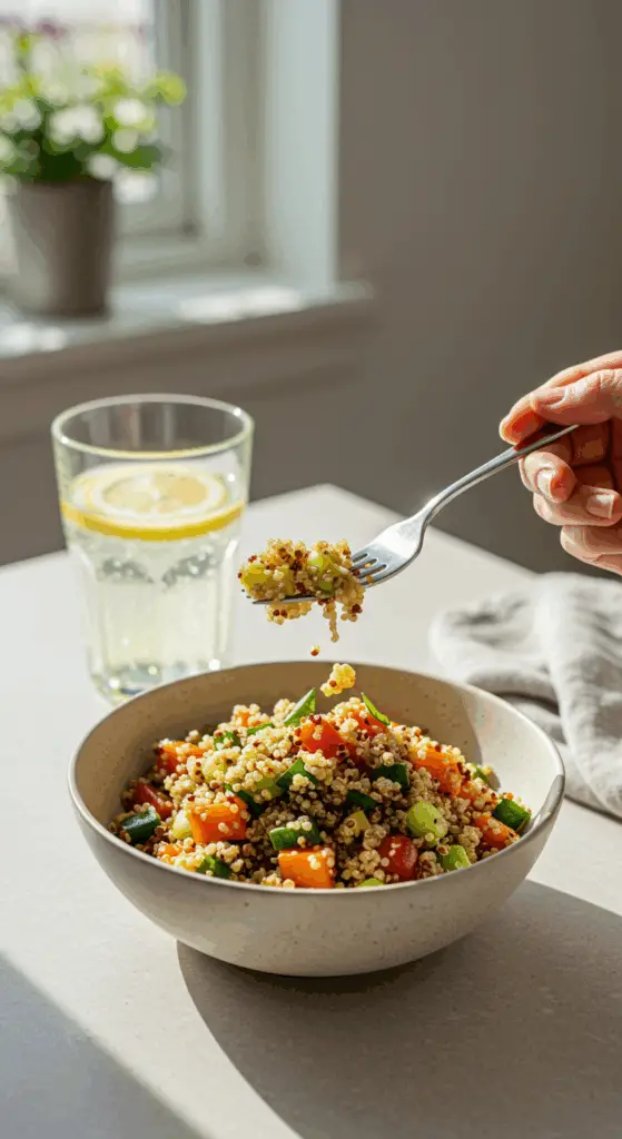 A beautiful bowl of homemade, healthy Mediterranean Quinoa Bowl being enjoyed with a fork for a vibrant and healthy lunch.