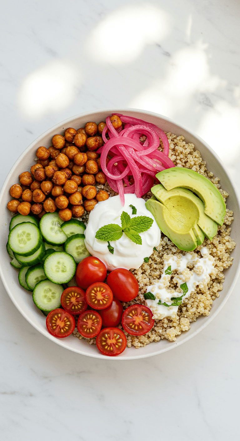 A beautiful, overhead shot of a homemade, healthy, and composed Mediterranean Quinoa Bowl, with all the ingredients arranged in neat, colorful rows.