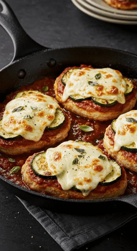 A beautiful, rustic cast-iron skillet of homemade, cheesy Skillet Turkey Parmesan with golden-brown, melted mozzarella on top.