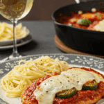 A beautiful plate of homemade Skillet Turkey Parmesan, served with a side of angel hair pasta for an elegant meal.