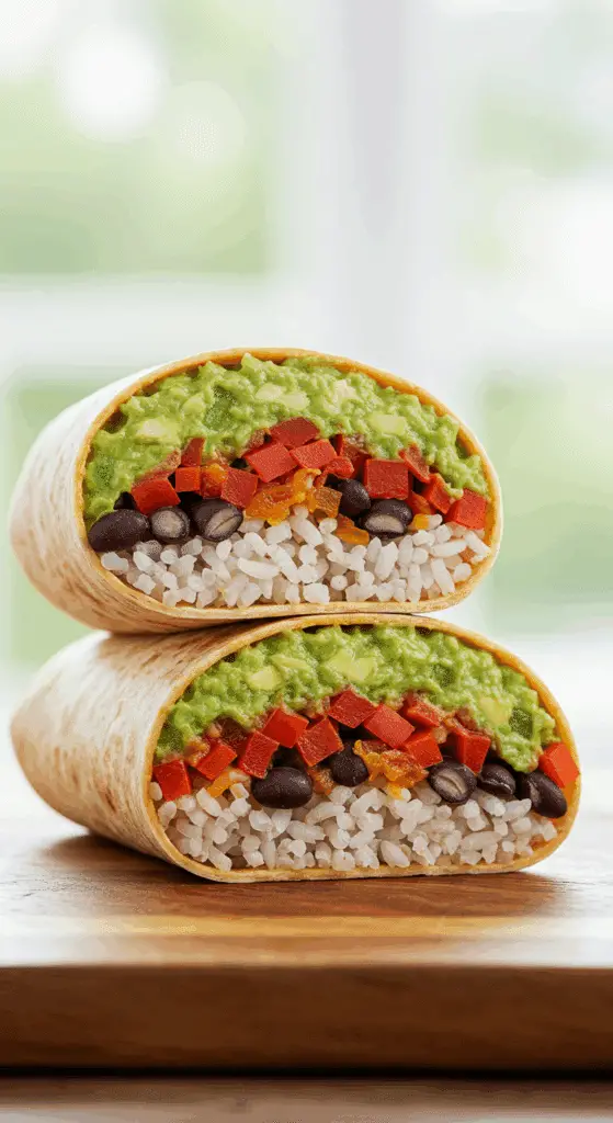 A beautiful, homemade, healthy Vegan Burrito, cut in half to show the vibrant and colorful interior layers of rice, beans, peppers, and guacamole.