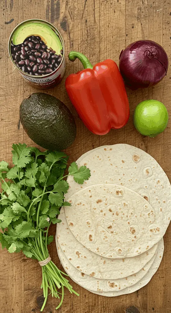 The simple, fresh ingredients for the healthy, from-scratch Vegan Burrito recipe.