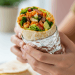 A hand holding a large, delicious, homemade Vegan Burrito that is wrapped in foil, about to take a bite.
