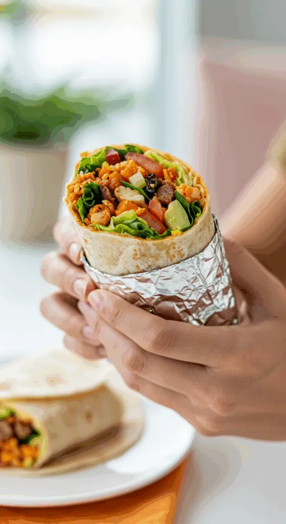 A hand holding a large, delicious, homemade Vegan Burrito that is wrapped in foil, about to take a bite.