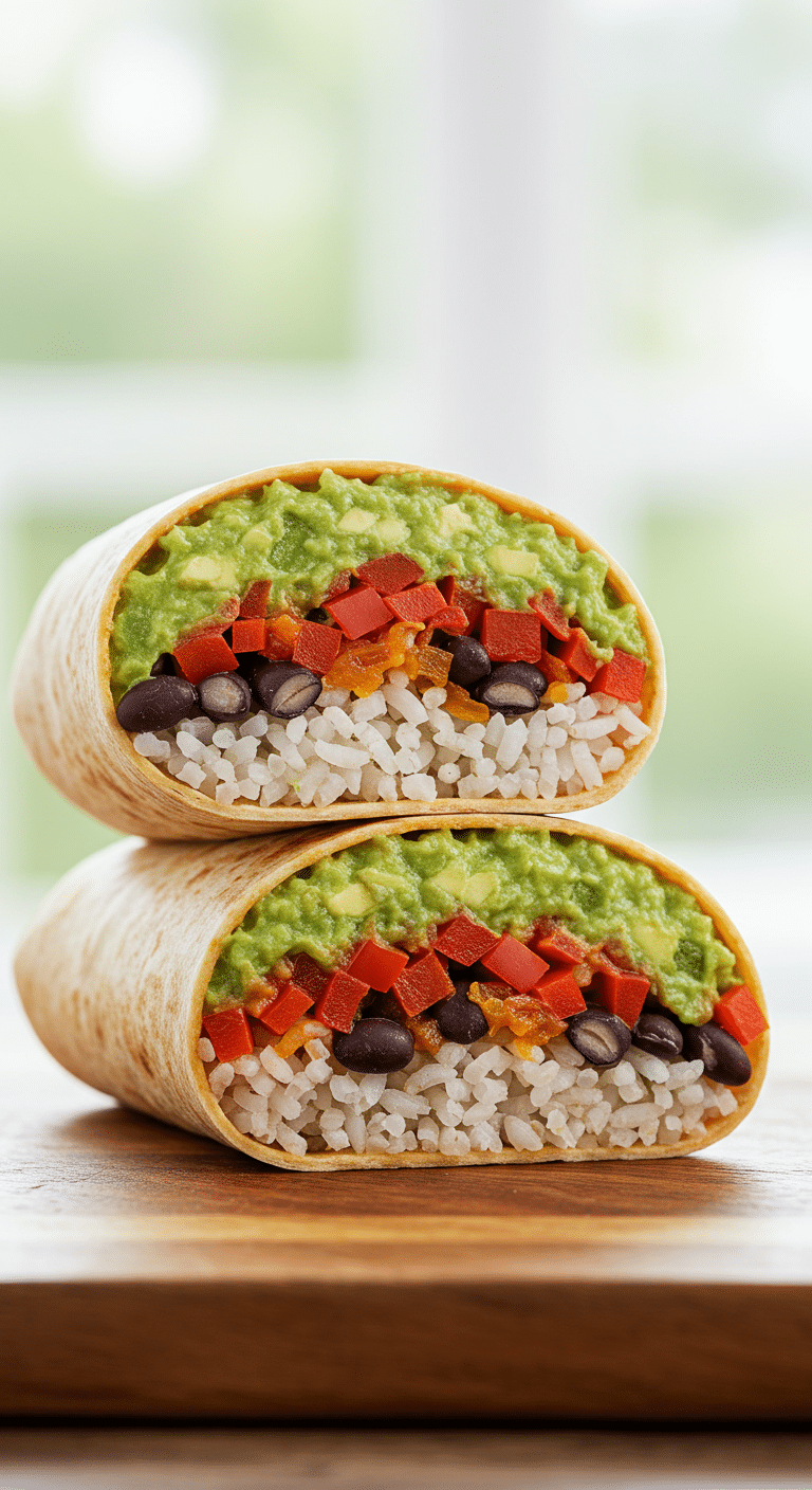 A beautiful, homemade, healthy Vegan Burrito, cut in half to show the vibrant and colorful interior layers of rice, beans, peppers, and guacamole.