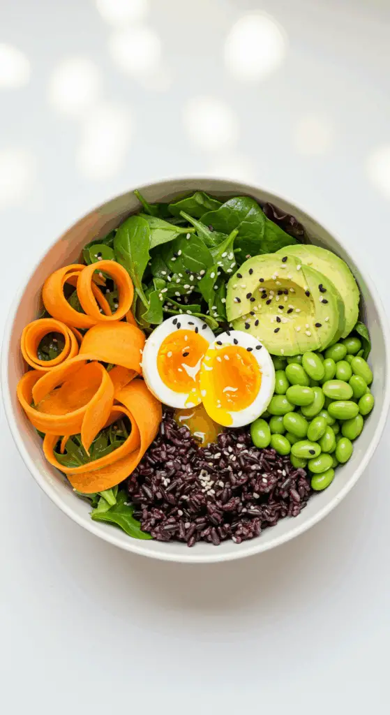 A beautiful, overhead shot of a homemade, healthy, and composed Veggie Power Bowl, with all the ingredients arranged in neat, colorful rows, and a jammy, soft-boiled egg in the center.