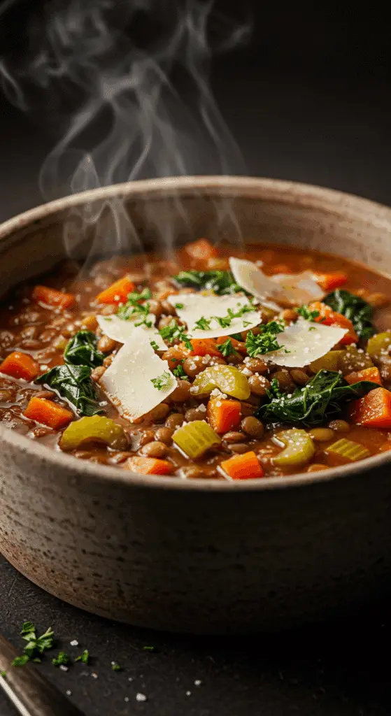 A beautiful, rustic bowl of homemade, hearty, and classic Lentil Soup, packed with lentils, vegetables, and kale, and garnished with Parmesan.