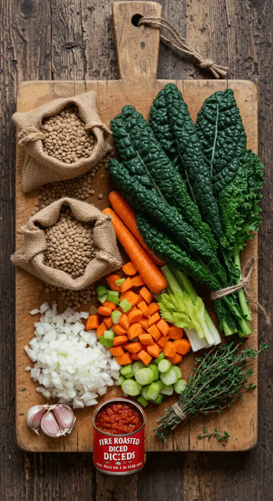 The fresh, from-scratch ingredients for the classic and hearty one-pot Lentil Soup recipe.