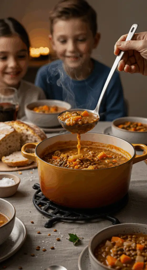 The finished pot of homemade, hearty Lentil Soup being served at a cozy family dinner.