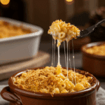 A cozy bowl of homemade, crispy and creamy Baked Mac and Cheese being served for a family dinner.
