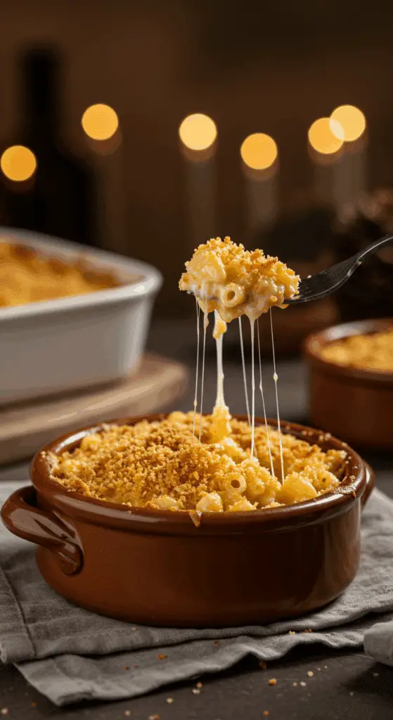 A cozy bowl of homemade, crispy and creamy Baked Mac and Cheese being served for a family dinner.