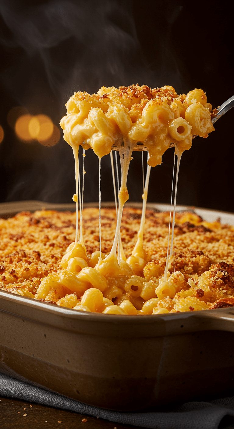 A beautiful, golden-brown homemade Baked Mac and Cheese in a casserole dish with a creamy, cheesy scoop being lifted out to show a long, gooey cheese pull.