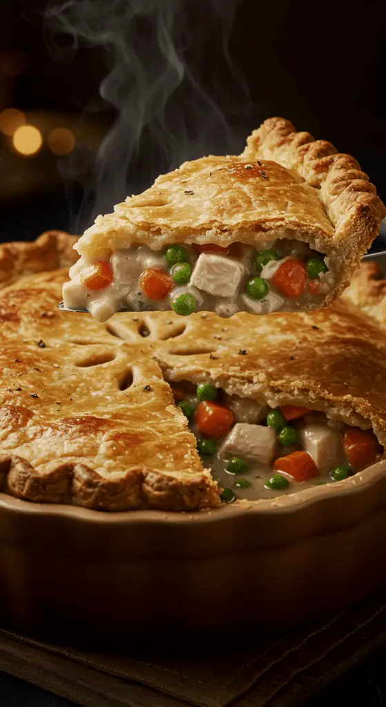 A beautiful, golden-brown homemade Chicken Pot Pie in a pie dish with a creamy, chunky slice being lifted out.