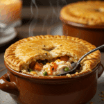 A cozy bowl of homemade, creamy Chicken Pot Pie with a flaky crust, being served for a family dinner.