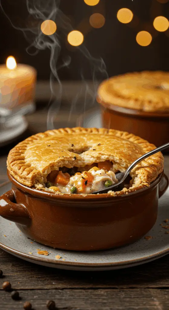 A cozy bowl of homemade, creamy Chicken Pot Pie with a flaky crust, being served for a family dinner.