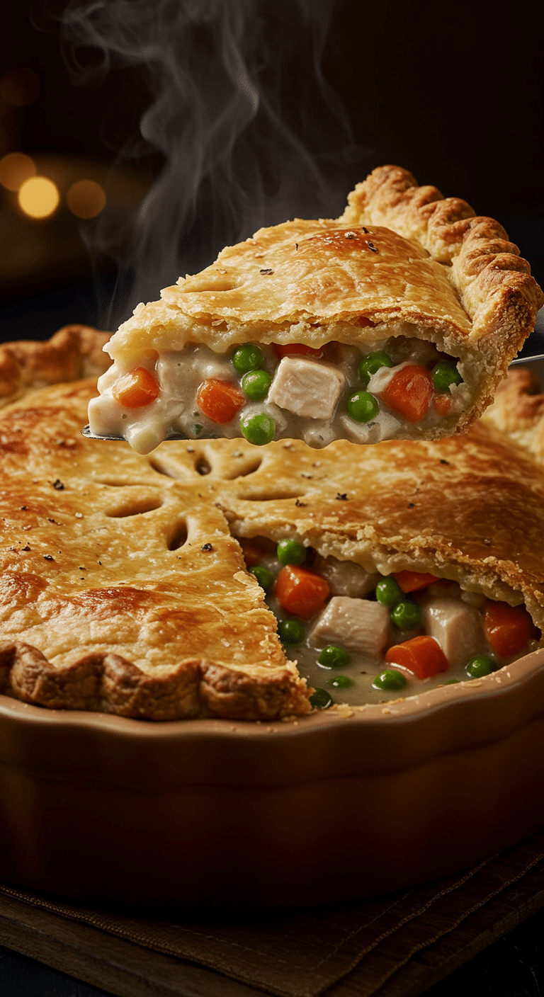 A beautiful, golden-brown homemade Chicken Pot Pie in a pie dish with a creamy, chunky slice being lifted out.
