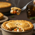A cozy bowl of homemade, creamy, and flaky Gluten-Free Chicken Pot Pie being served for a family dinner.