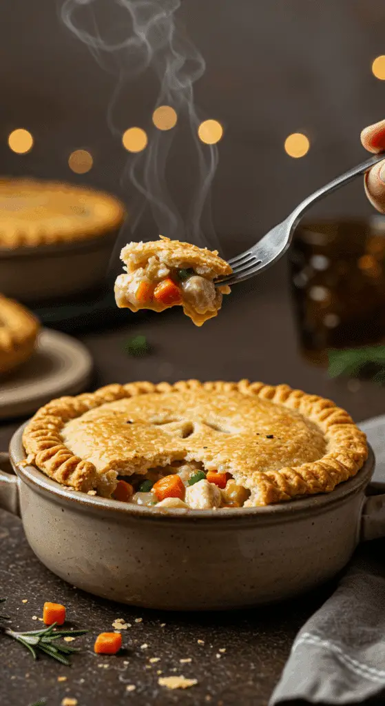 A cozy bowl of homemade, creamy, and flaky Gluten-Free Chicken Pot Pie being served for a family dinner.