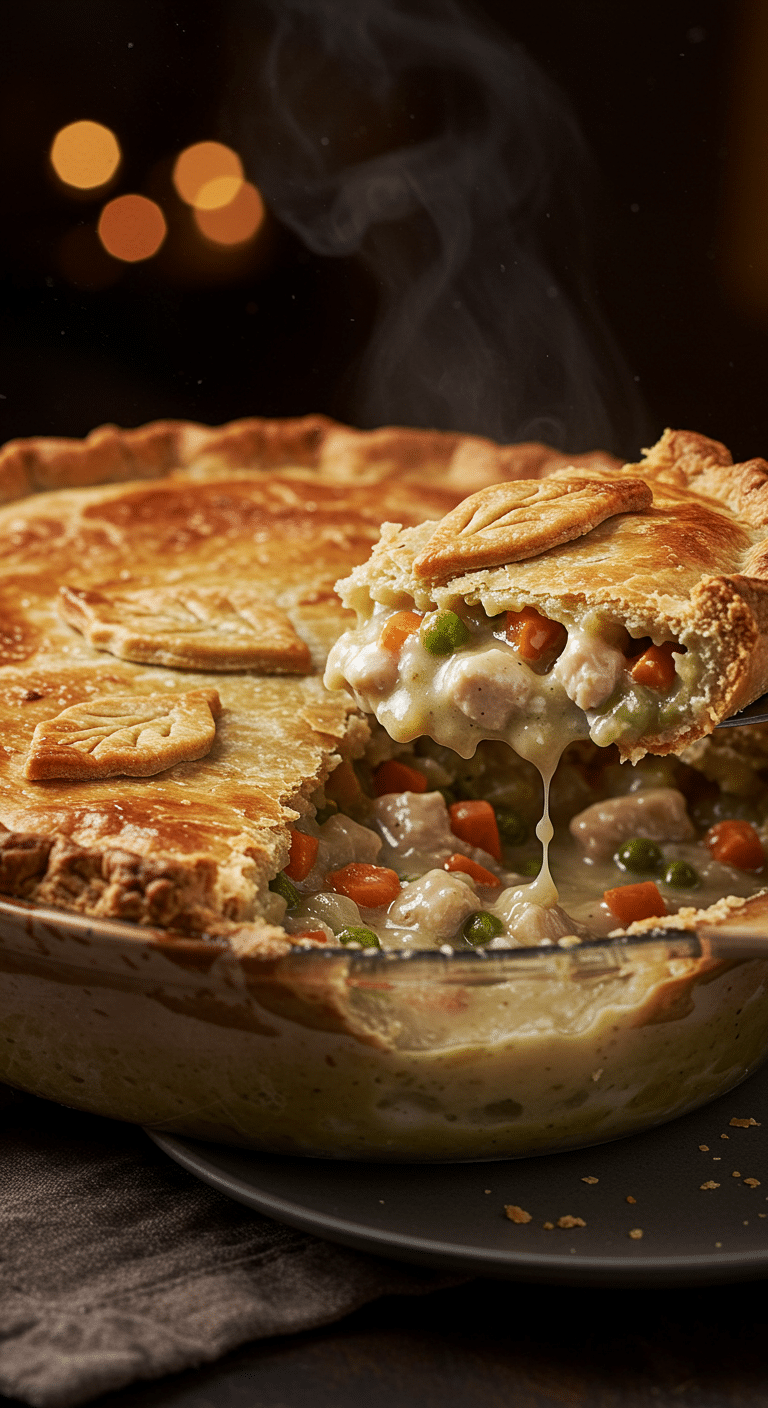 A beautiful, golden-brown homemade Gluten-Free Chicken Pot Pie in a baking dish with a flaky, decorative crust and a creamy, chunky scoop being lifted out.