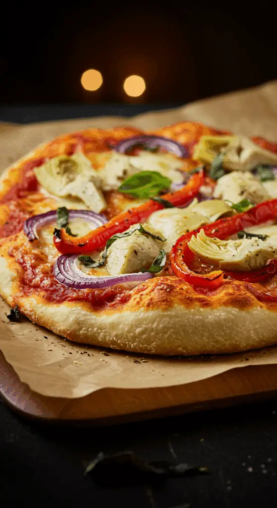 A beautiful, golden-brown, homemade, rustic Vegetarian Pizza, topped with a gooey three-cheese blend and a colorful medley of vegetables.