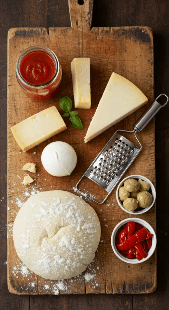 The fresh, from-scratch ingredients for the classic and gourmet Vegetarian Pizza recipe.