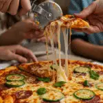 The finished, homemade Vegetarian Pizza being sliced and served at a fun and casual family pizza night.