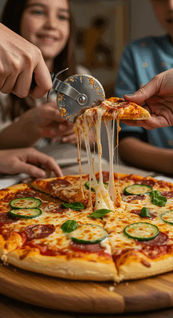 The finished, homemade Vegetarian Pizza being sliced and served at a fun and casual family pizza night.