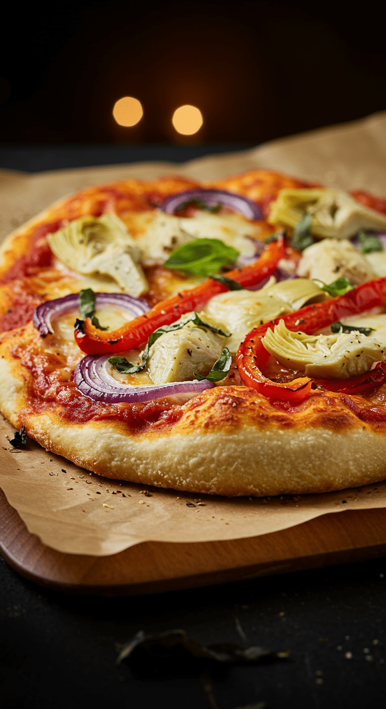 A beautiful, golden-brown, homemade, rustic Vegetarian Pizza, topped with a gooey three-cheese blend and a colorful medley of vegetables.