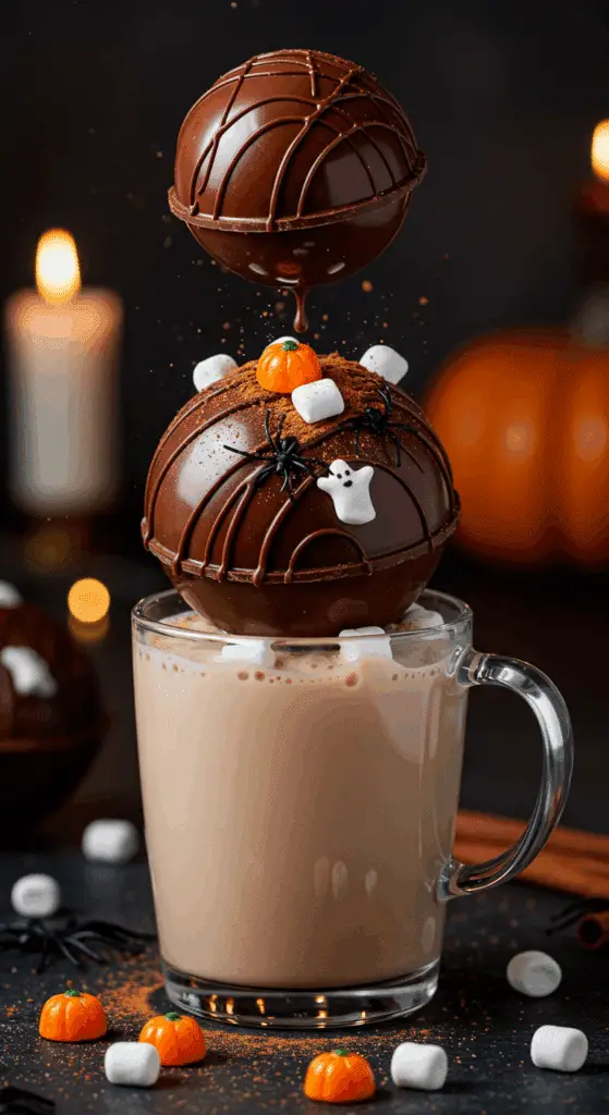 A beautiful, glossy, dark chocolate Halloween Hot Cocoa Bomb, covered in a marshmallow spiderweb, dramatically bursting open in a glass mug of hot milk.
