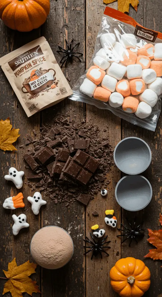 The simple, from-scratch ingredients for the easy and spooky Halloween Hot Cocoa Bombs recipe.