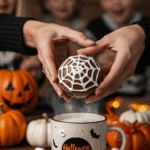A hand holding a beautiful, spooky, and web-covered Halloween Hot Cocoa Bomb over a large mug of steaming milk.