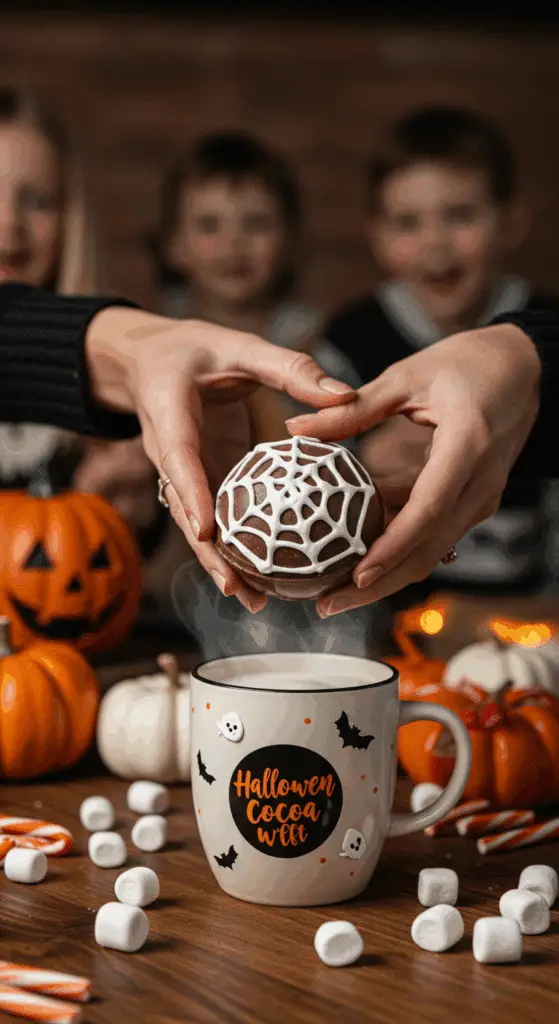 A hand holding a beautiful, spooky, and web-covered Halloween Hot Cocoa Bomb over a large mug of steaming milk.