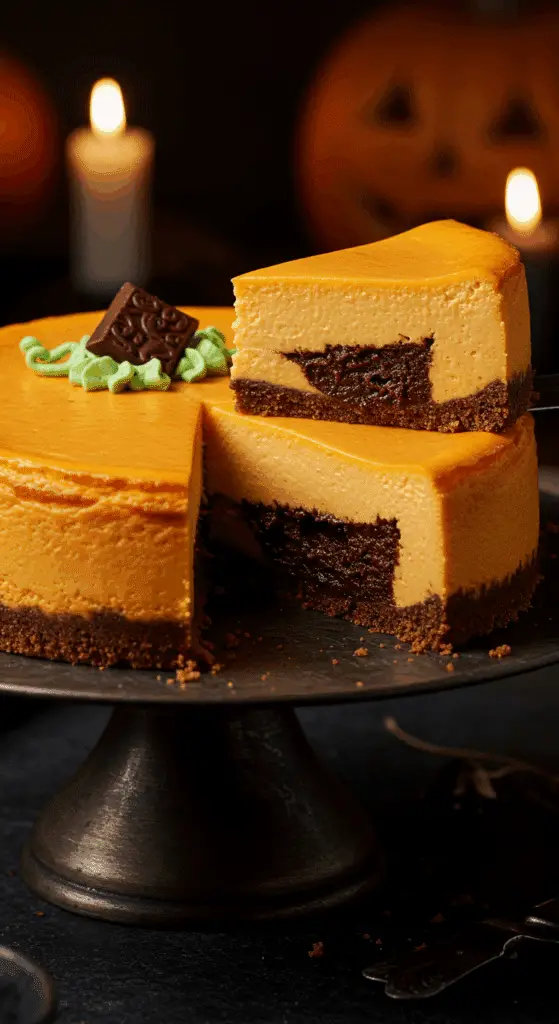 A beautiful, whole, homemade, orange, spooky Halloween Cheesecake, with a single slice cut out to reveal a surprise, hidden jack-o'-lantern face made from a dark brownie.