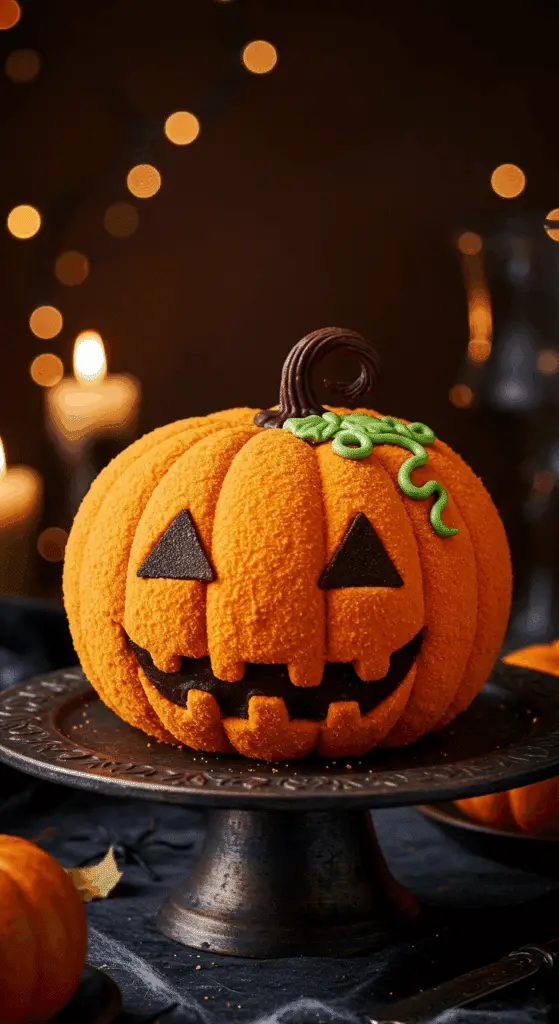 A beautiful, homemade, orange Jack-o'-Lantern Cake, with a spooky chocolate face and a green candy vine, served as a fun Halloween dessert.
