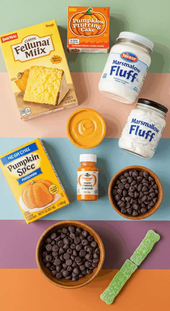The simple, shortcut ingredients for the easy and fun Jack-o'-Lantern Cake recipe.