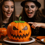 A child's hand excitedly reaching to touch the spooky chocolate face on a large, homemade Jack-o'-Lantern Cake at a fun Halloween party.
