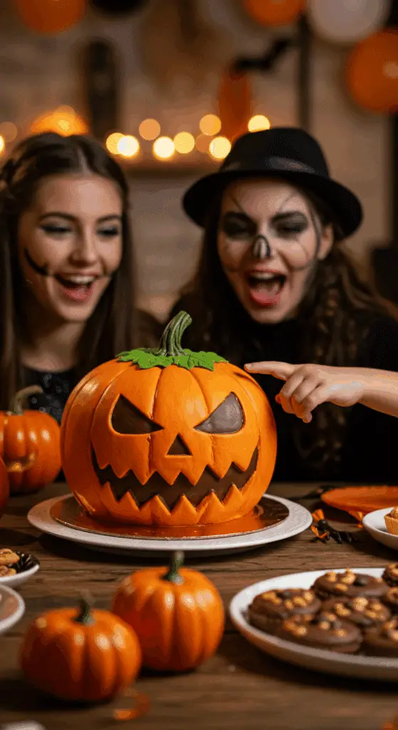 A child's hand excitedly reaching to touch the spooky chocolate face on a large, homemade Jack-o'-Lantern Cake at a fun Halloween party.