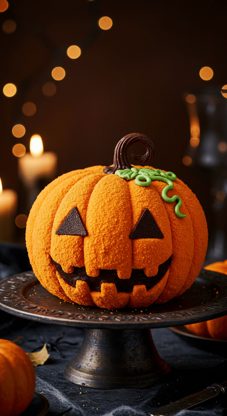 A beautiful, homemade, orange Jack-o'-Lantern Cake, with a spooky chocolate face and a green candy vine, served as a fun Halloween dessert.