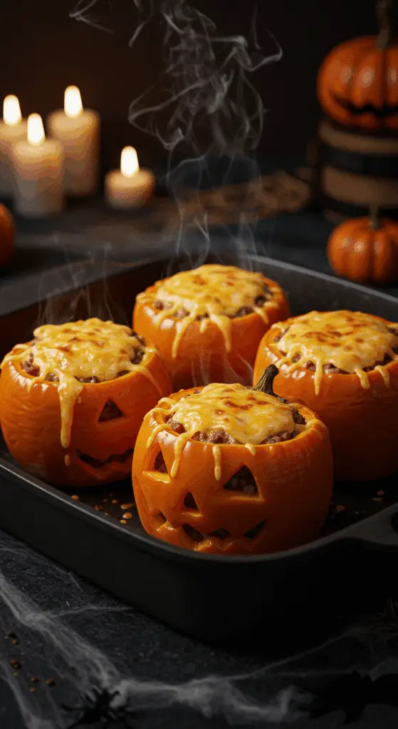 A beautiful, rustic baking dish of homemade, spooky Jack-o'-Lantern Stuffed Peppers, with gooey, melted cheese oozing out of their carved faces.